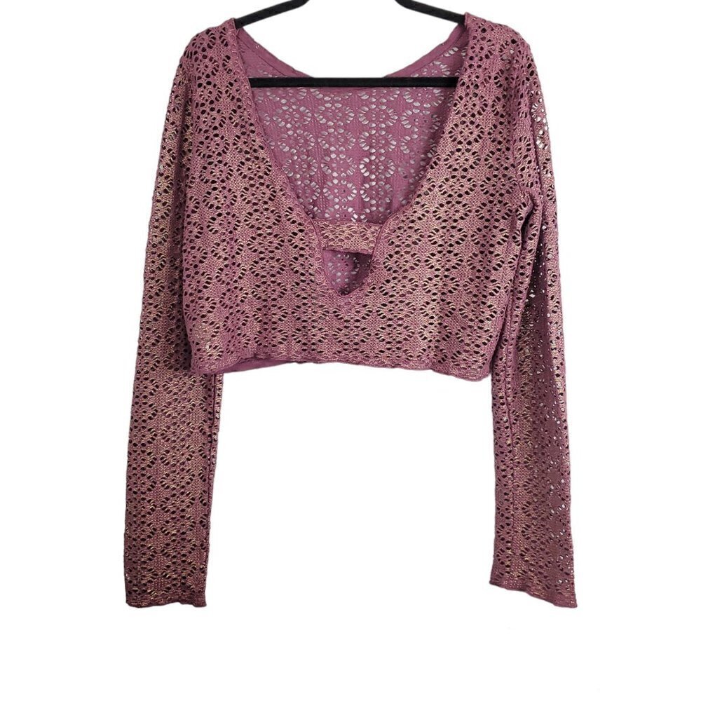 Free People Beach Plum Gold Cutout Crochet Shrug Crop Top - Picture 6 of 7